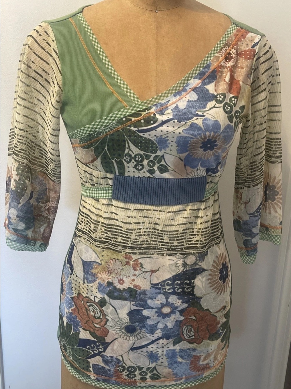 ANAC by Kimi Top Y2K Sheer Mesh Sleeves Garden Floral Whimsy Blouse GREEN NEW S